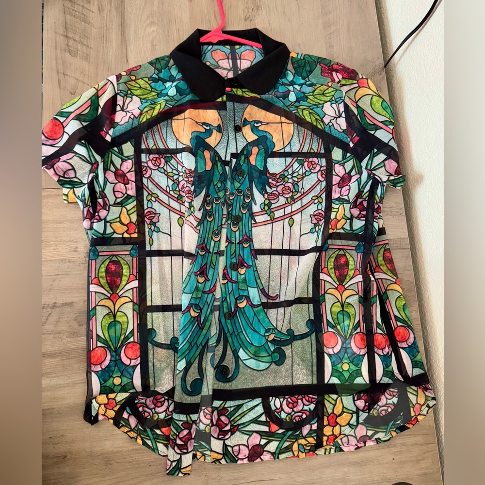 Black Milk green & blue stained window Peacock button up sleeveless blouse